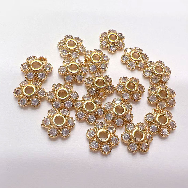 Color-preserving copper gold-plated flower stand, micro-inlaid zircon flower hat, diy hand necklace, beading material, snowflake separator details Picture