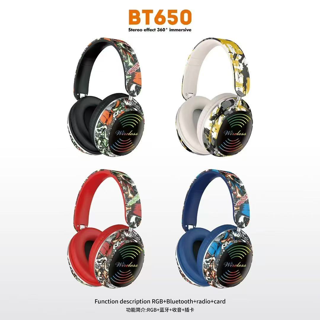 2025创意涂鸦蓝牙耳机跨境外贸新爆款无线游戏电竞头戴式耳麦批发