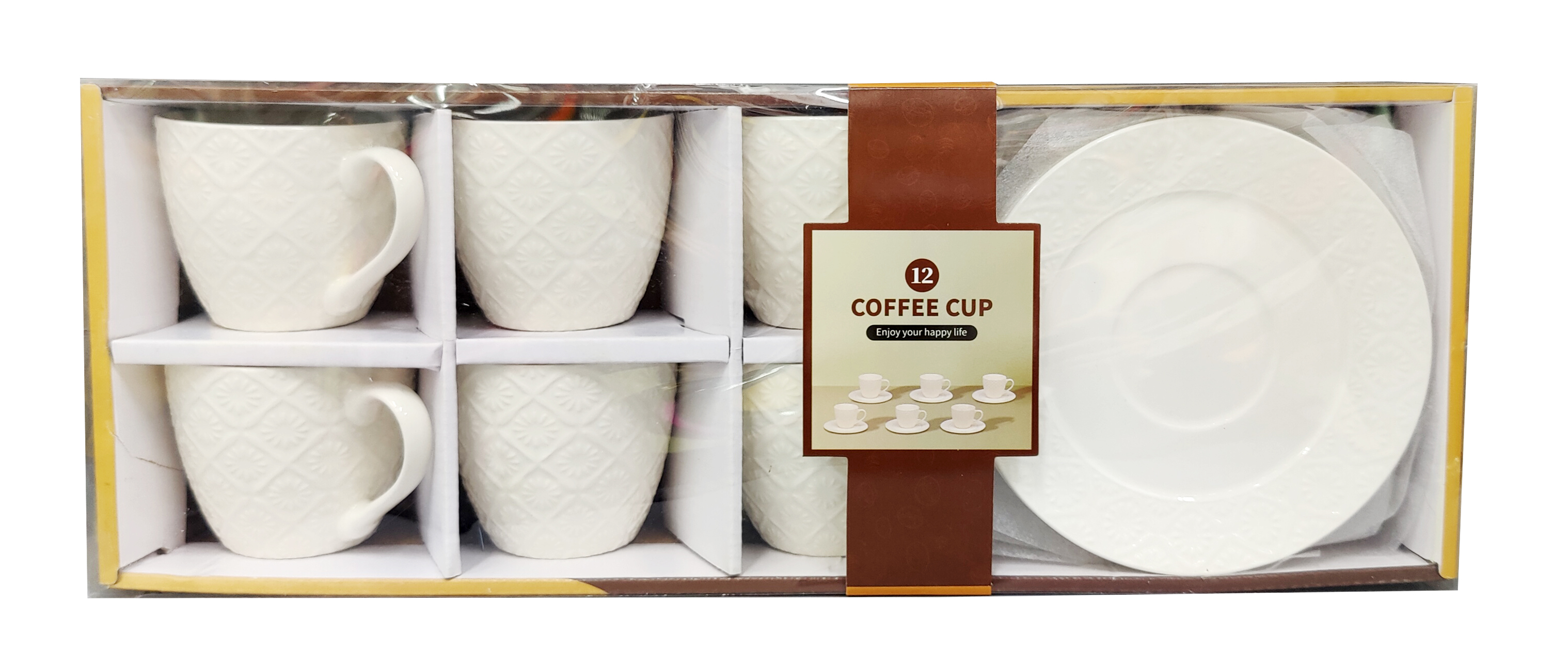 12-piece coffee cup and plate set, embossed white ceramic, home and office coffee equipment set, coffee beverage special set 06 pattern