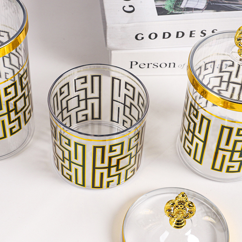 X10-6899-3B Cross-border transparent European Retro Gold-plated candy jar, seasoning jar, light luxury European storage jar details Picture