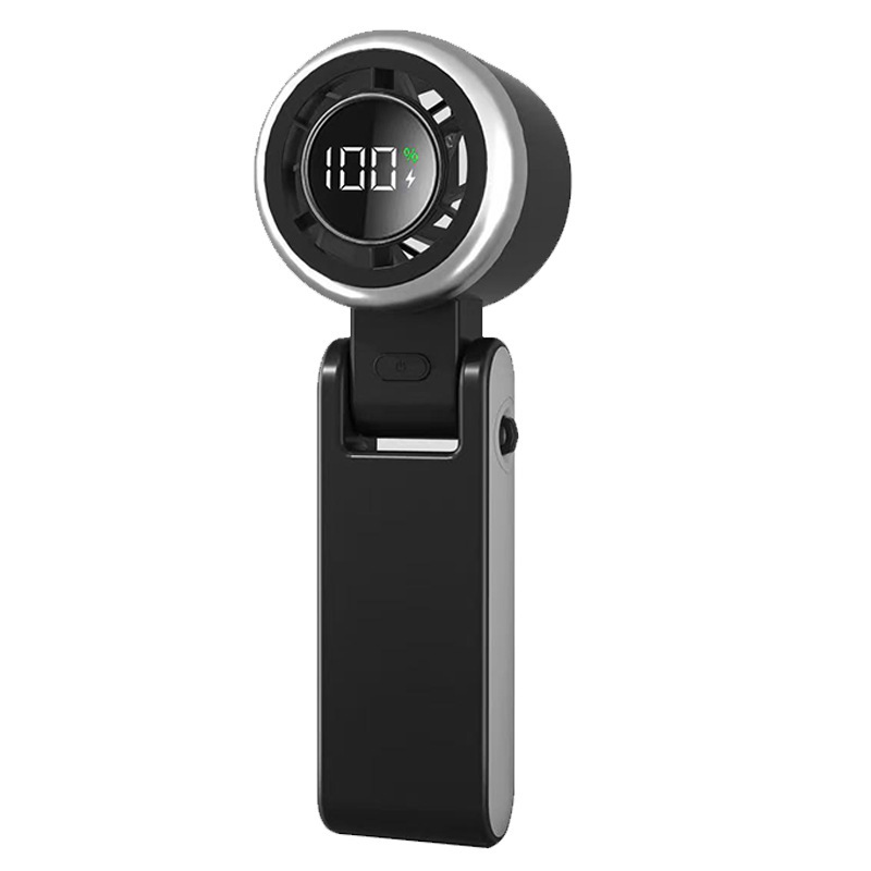 跨境手持高速迷你小风扇可折叠挂脖便携涡轮手持数显usb暴力风扇 黑色