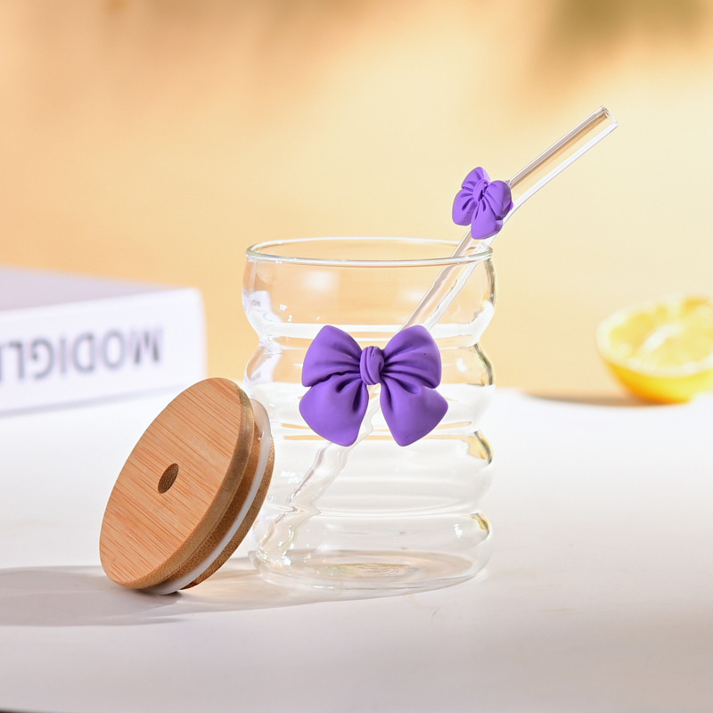 New fashionable high borosilicate water cup, straw glass cup, heat-resistant silicone sleeve water cup, home good item, girl's heart flower tea cup, juice cup, milk cup, office and home high appearance level transparent glass handicraft explosion-proof water cup, 400ml Specification image