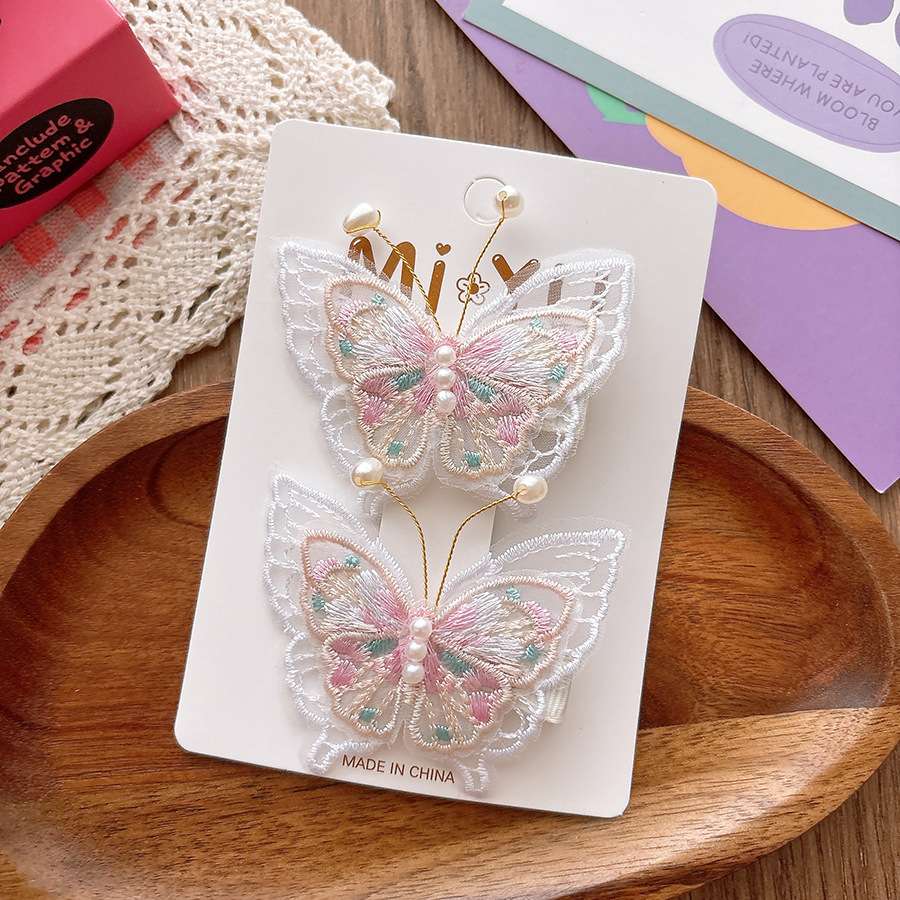 Ancient-style super fairy-like gauze embroidery pearl butterfly children's hair clips, girl's Chinese-style double clip sweet press clip children's hair accessories and headwear details Picture