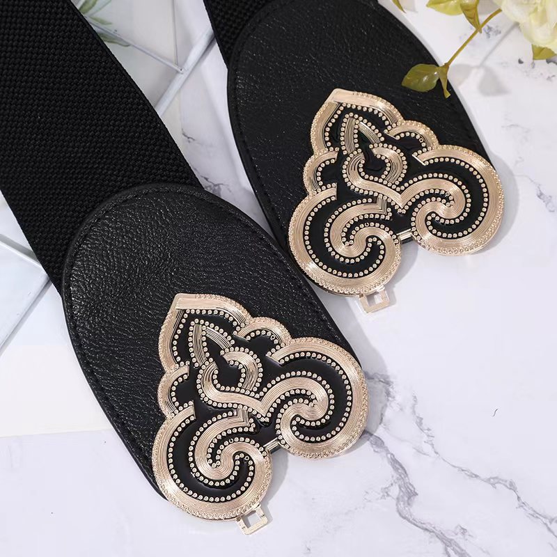 Autumn and winter collection: Waist seal with oil drip pattern and Tang grass buckles, wide women's elastic and tight waistband, casual coat belt Application Scenario