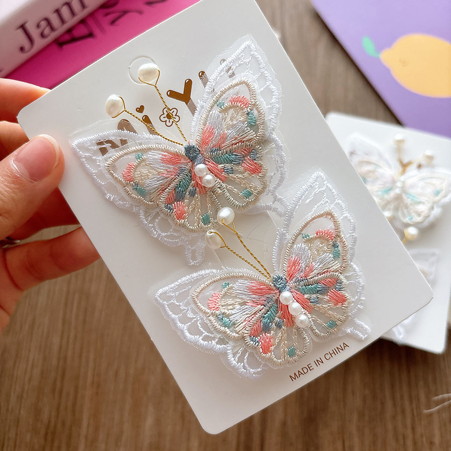 Ancient-style super fairy-like gauze embroidery pearl butterfly children's hair clips, girl's Chinese-style double clip sweet press clip children's hair accessories and headwear Specification image