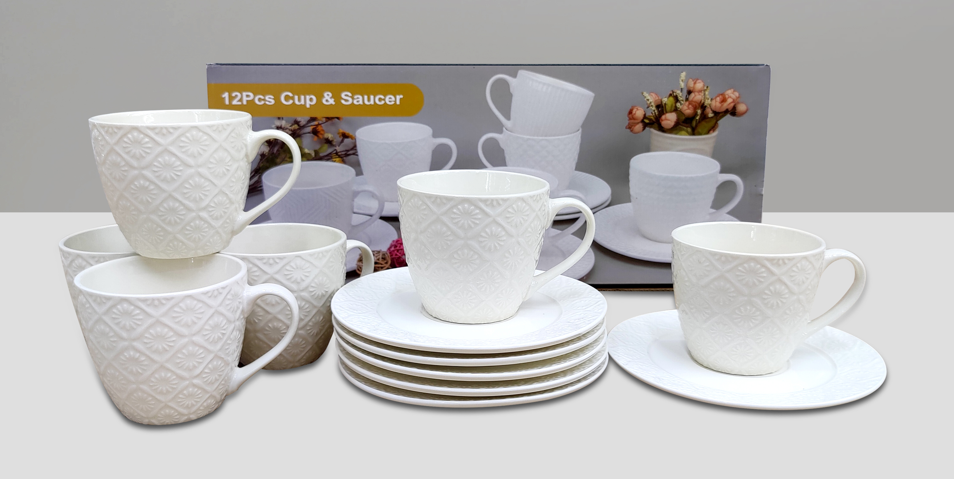 12-piece white vertical pattern ceramic cup and dish set for home coffee and tea sets 06 pattern