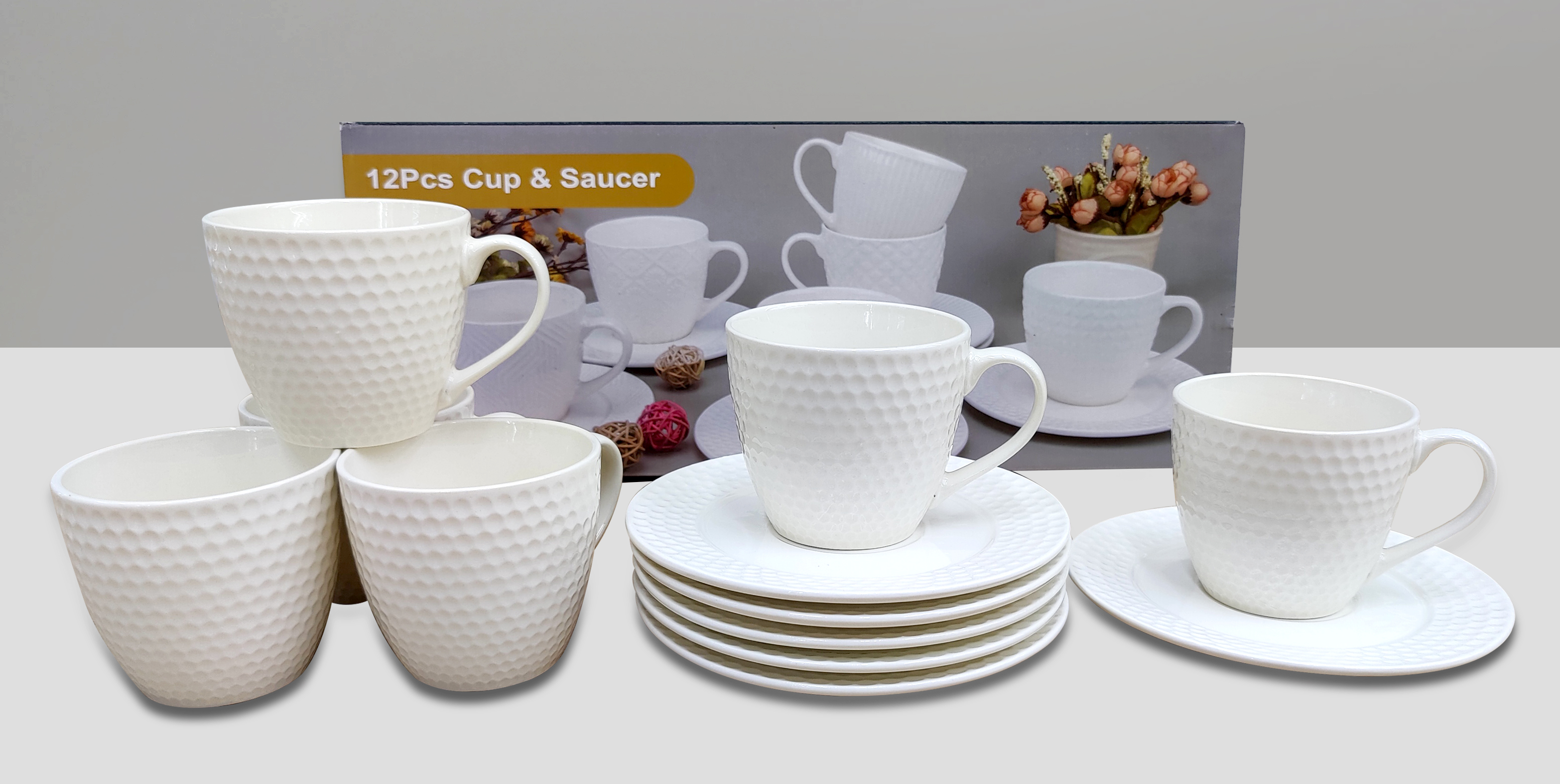 12-piece white vertical pattern ceramic cup and dish set for home coffee and tea sets 04 pattern