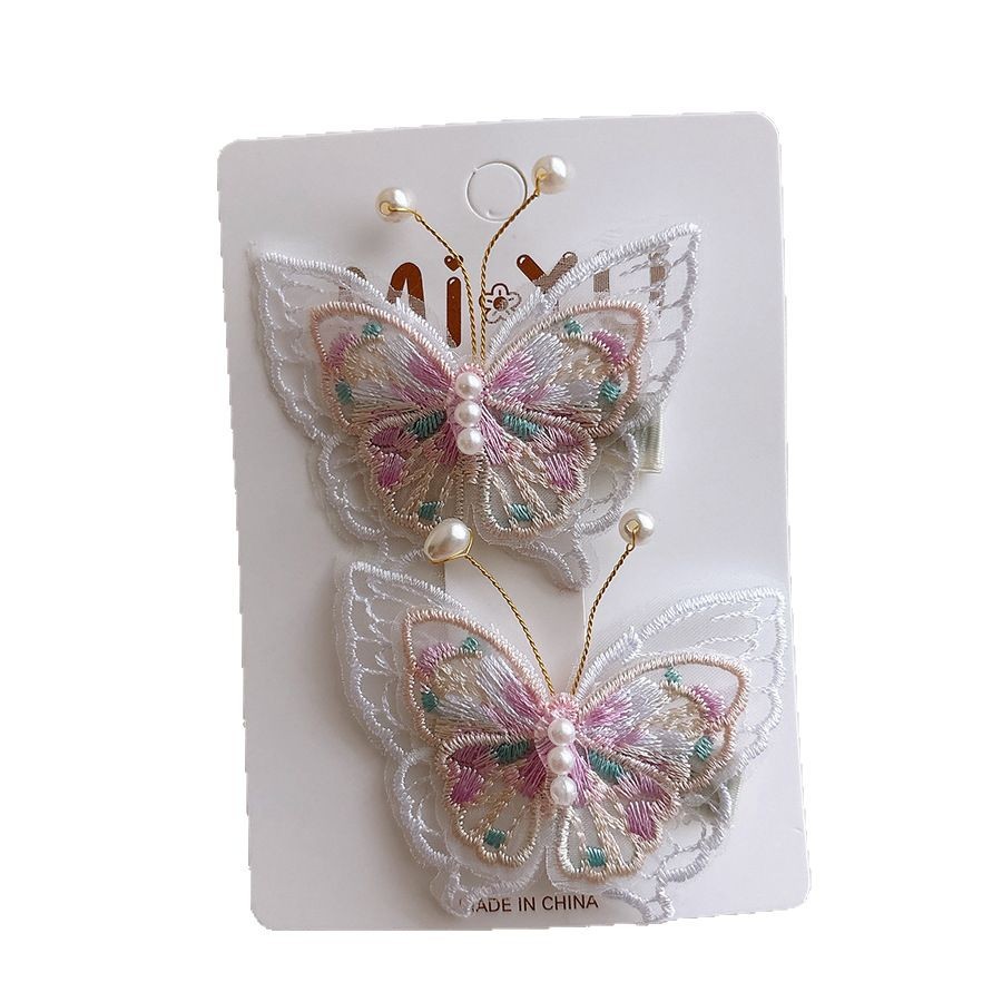 Ancient-style super fairy-like gauze embroidery pearl butterfly children's hair clips, girl's Chinese-style double clip sweet press clip children's hair accessories and headwear detail image 3