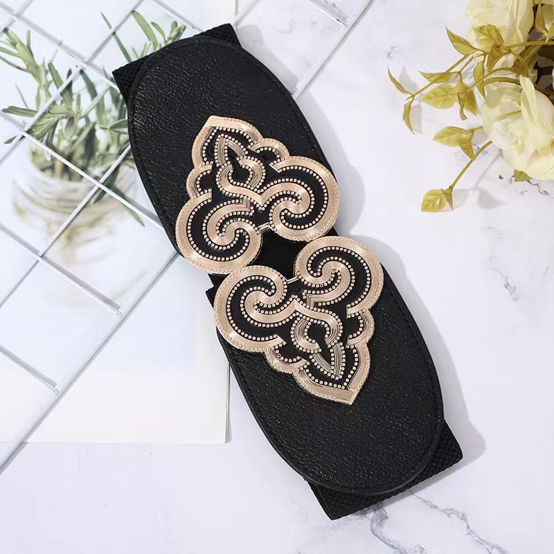 Autumn and winter collection: Waist seal with oil drip pattern and Tang grass buckles, wide women's elastic and tight waistband, casual coat belt details Picture