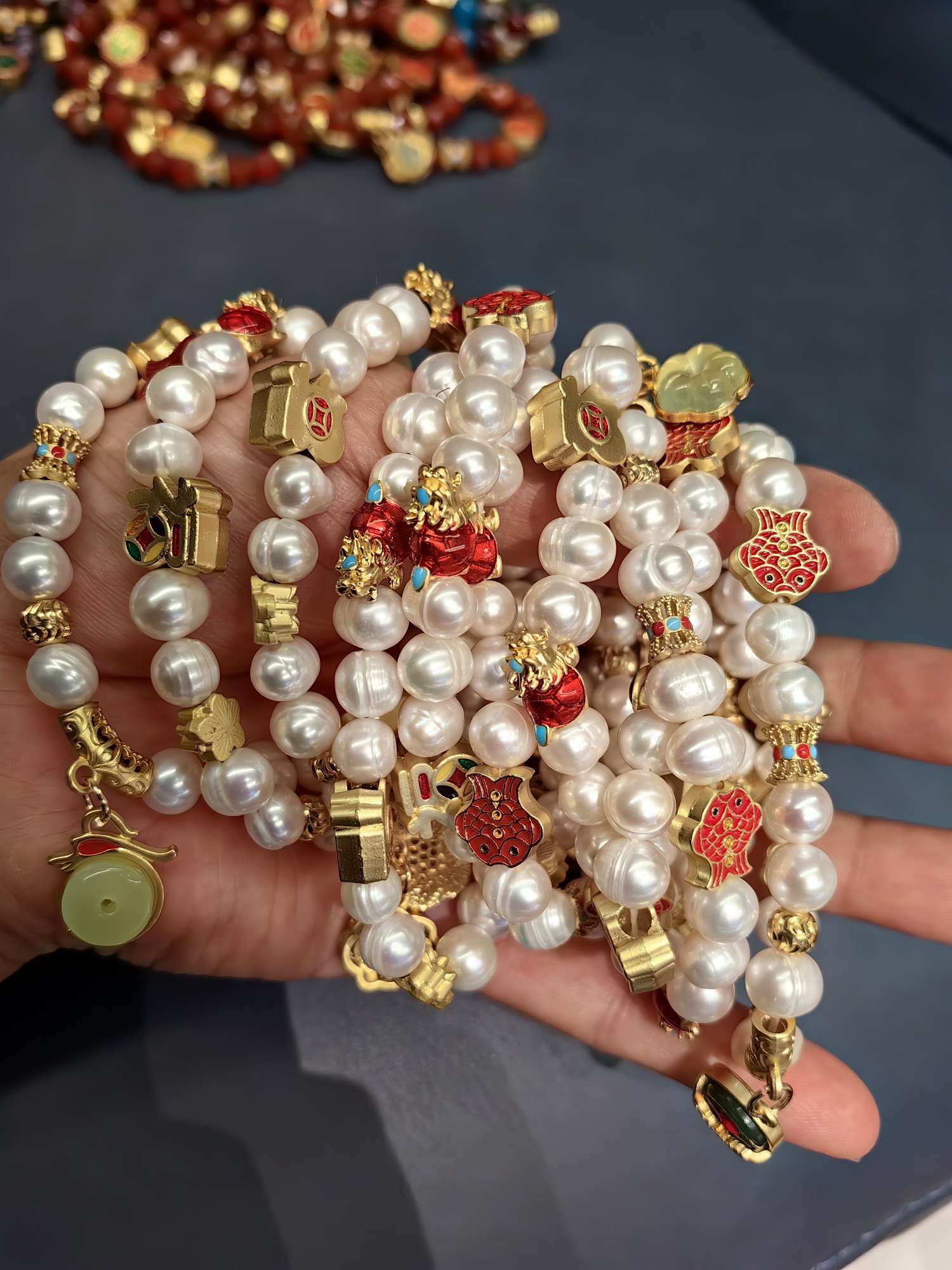 玛瑙石水晶手串珍珠景泰蓝手串