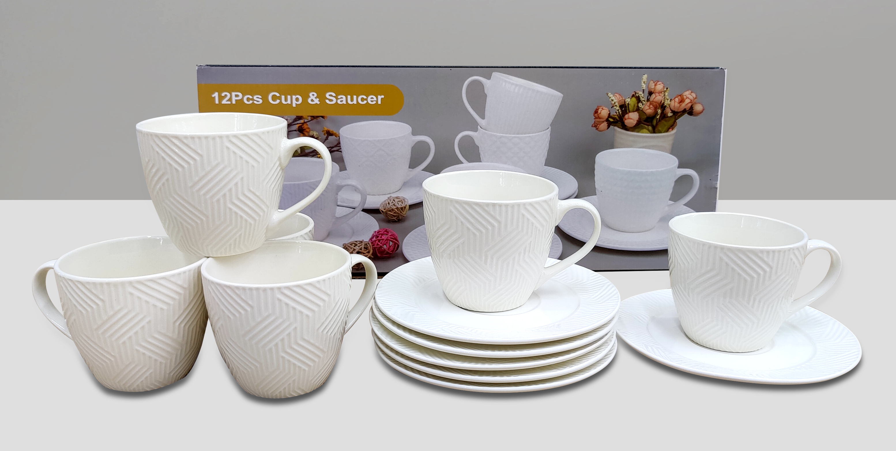 12-piece white vertical pattern ceramic cup and dish set for home coffee and tea ware 02 pattern