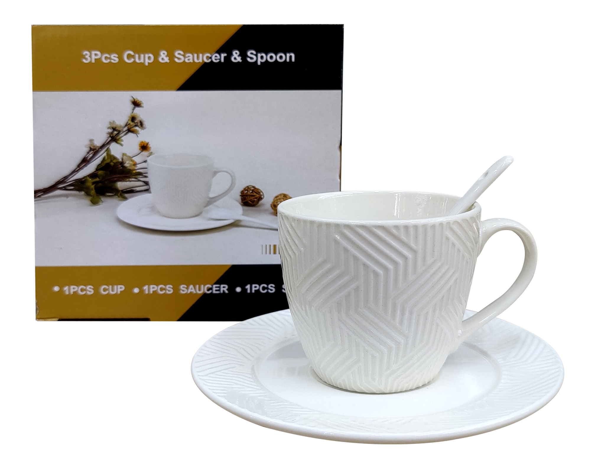 3-piece white ceramic cup, plate and spoon set, coffee cup with spoon, 02 pattern
