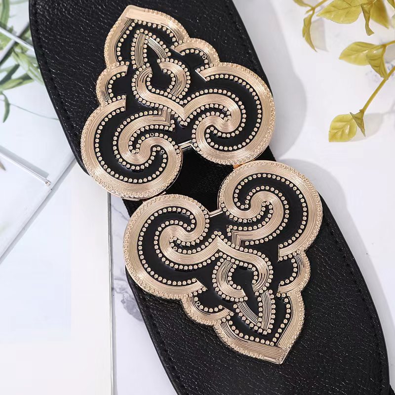 Autumn and winter collection: Waist seal with oil drip pattern and Tang grass buckles, wide women's elastic and tight waistband, casual coat belt Specification drawing