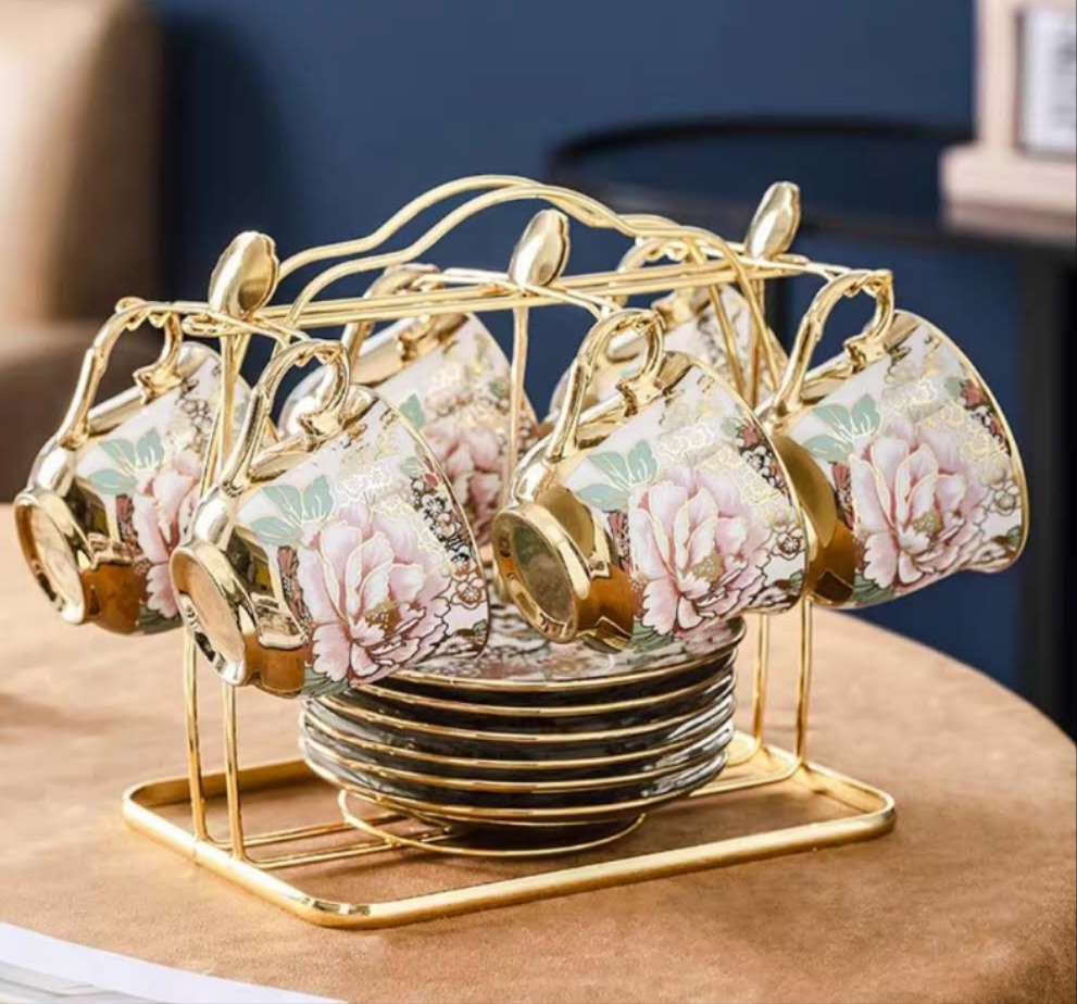 日用百货咖啡具陶瓷咖啡杯碟套装咖啡杯盘子简约耐用中东特色杯碟金属铁架高端漂亮咖啡杯套装咖啡杯套装