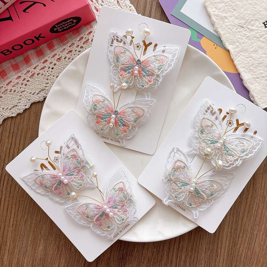Ancient-style super fairy-like gauze embroidery pearl butterfly children's hair clips, girl's Chinese-style double clip sweet press clip children's hair accessories and headwear