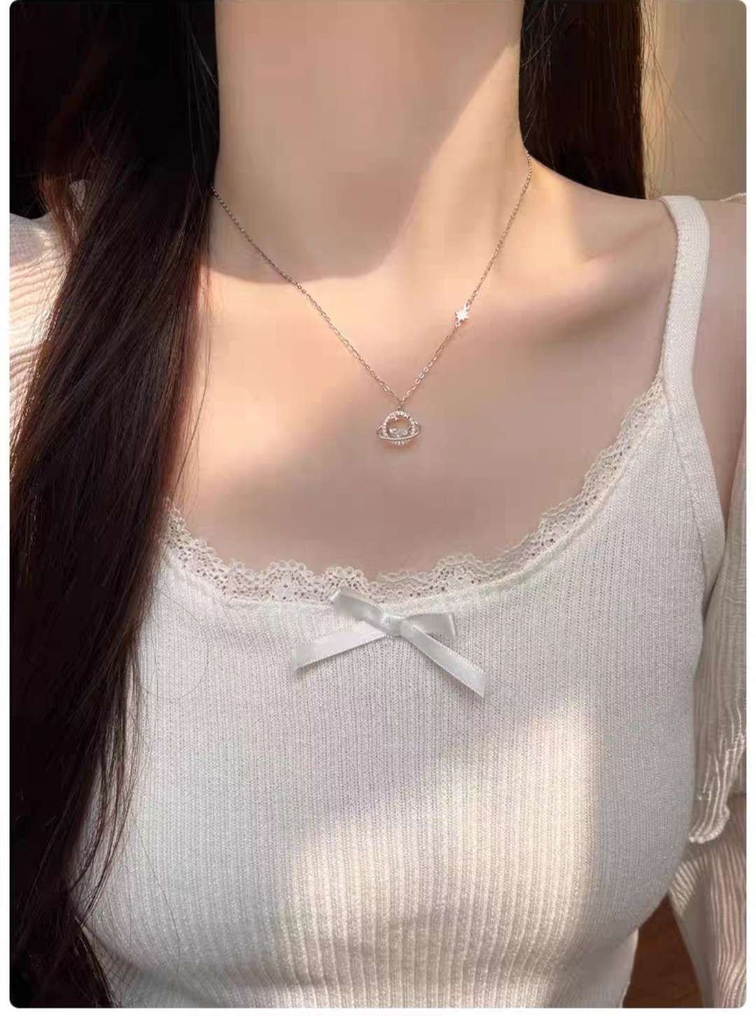 S925纯银星球项链轻奢小众高级感锁骨链2025年新款生日礼物配饰女微镶锆石吊坠配件微镶锆石吊坠配件微镶锆石吊坠配件白底实物图