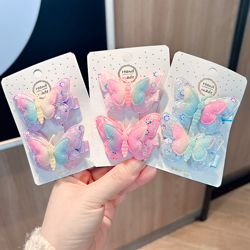 Cross-border girls' hair clips, sequins, double-layer butterflies, Korean-style children's hair accessories, simple baby hair clips, edge clips, headwear wholesale, children's hair accessories, headwear for children, cute in summer details Picture