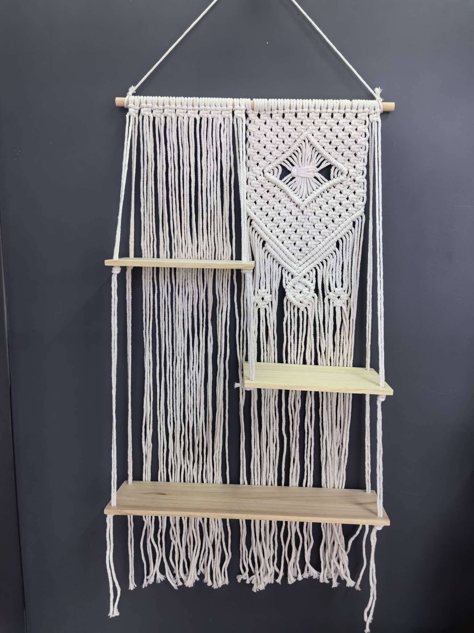 Cotton rope woven storage rack, hand-woven, can be used for decoration and storage. It is a popular storage rack for homestays, hotels and home furnishings. It is made of single-layer and double-layer raw wood and can hold plants. It can also bear weight detail image 20