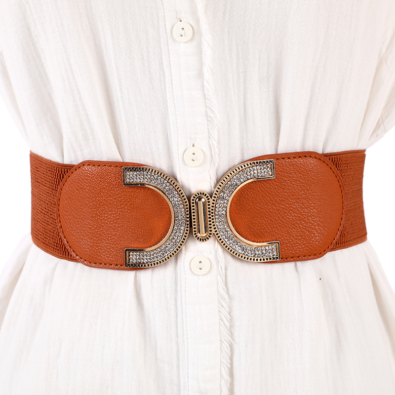 Elastic belt, women's dress, elastic waist, rhinestone inlaid dress, coat, slimming waist, large belt details Picture
