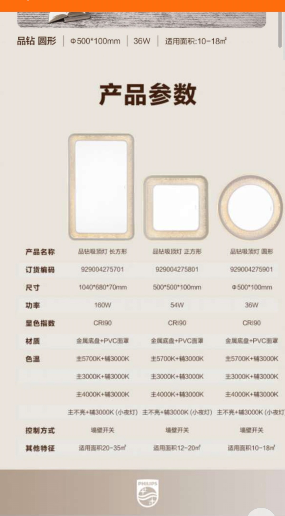 Philips Diamond ceiling lights for living rooms and bedrooms Specification image