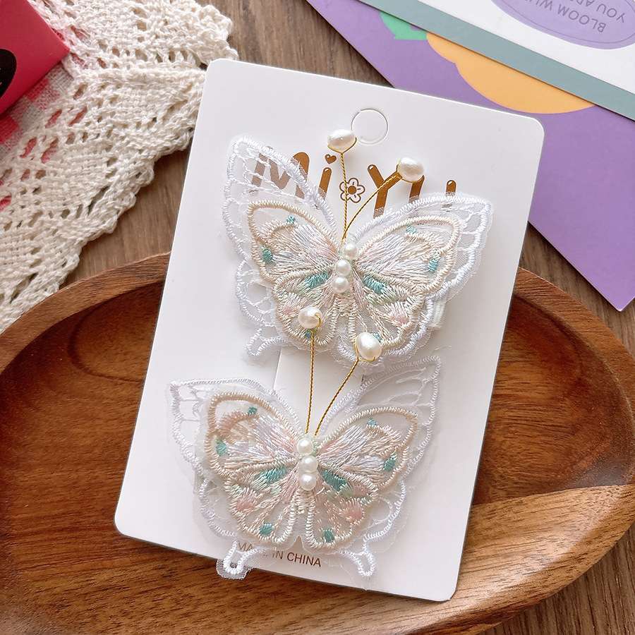 Ancient-style super fairy-like gauze embroidery pearl butterfly children's hair clips, girl's Chinese-style double clip sweet press clip children's hair accessories and headwear detail image 2