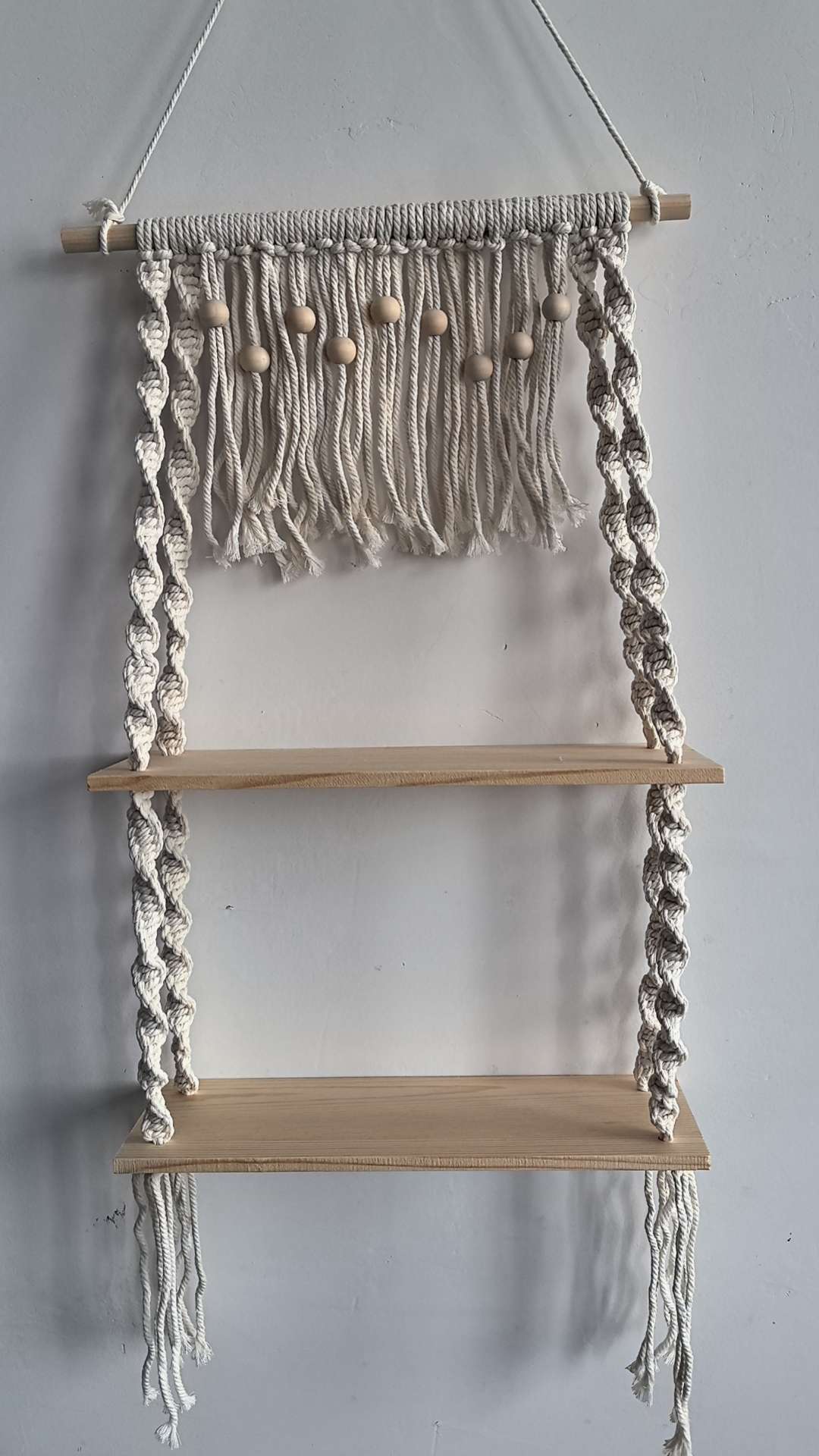 Cotton rope woven storage rack, hand-woven, can be used for decoration and storage. It is a popular storage rack for homestays, hotels and home furnishings. It is made of single-layer and double-layer raw wood and can hold plants. It can also bear weight detail image 5