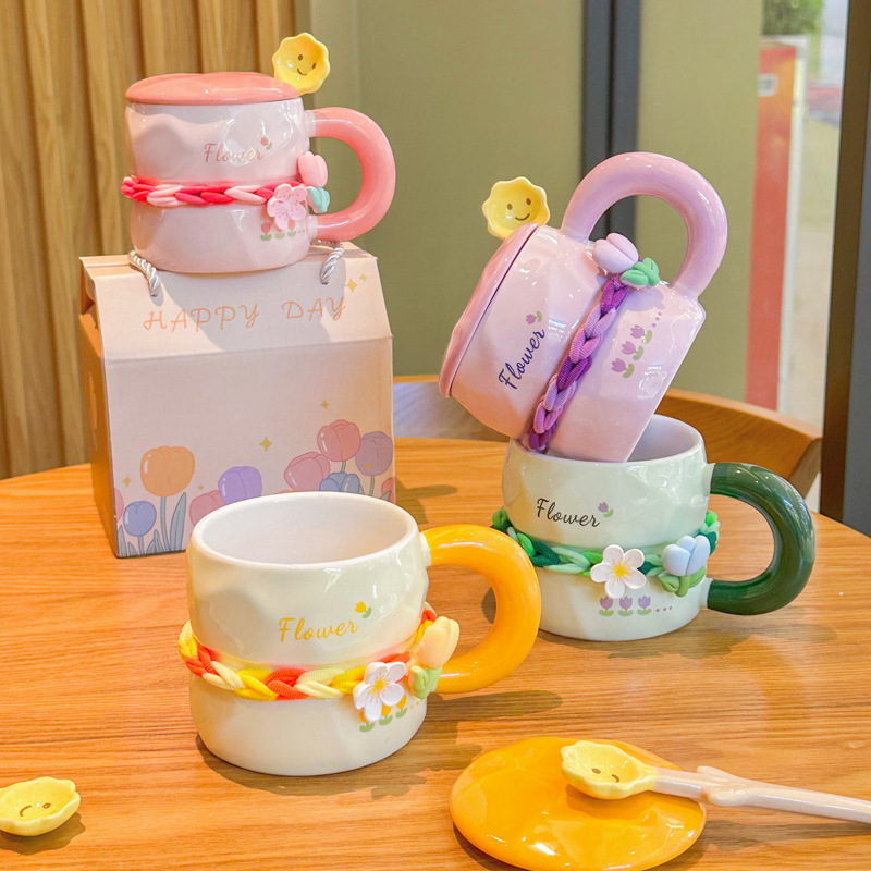 High appearance level ceramic mug gift box set for girls with cup LIDS. Selected birthday gifts for best friends. Cute tulip flower cups. Practical and durable water cups with stand LIDS. Office mugs Specification image