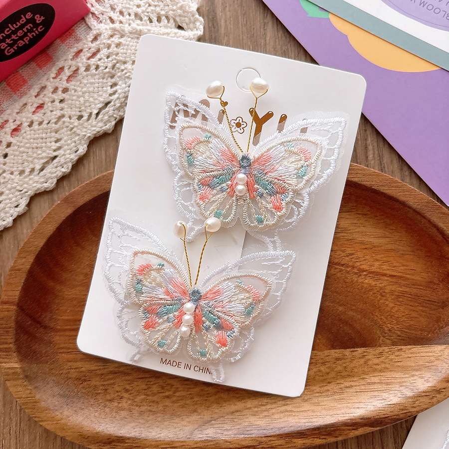 Ancient-style super fairy-like gauze embroidery pearl butterfly children's hair clips, girl's Chinese-style double clip sweet press clip children's hair accessories and headwear detail image 5