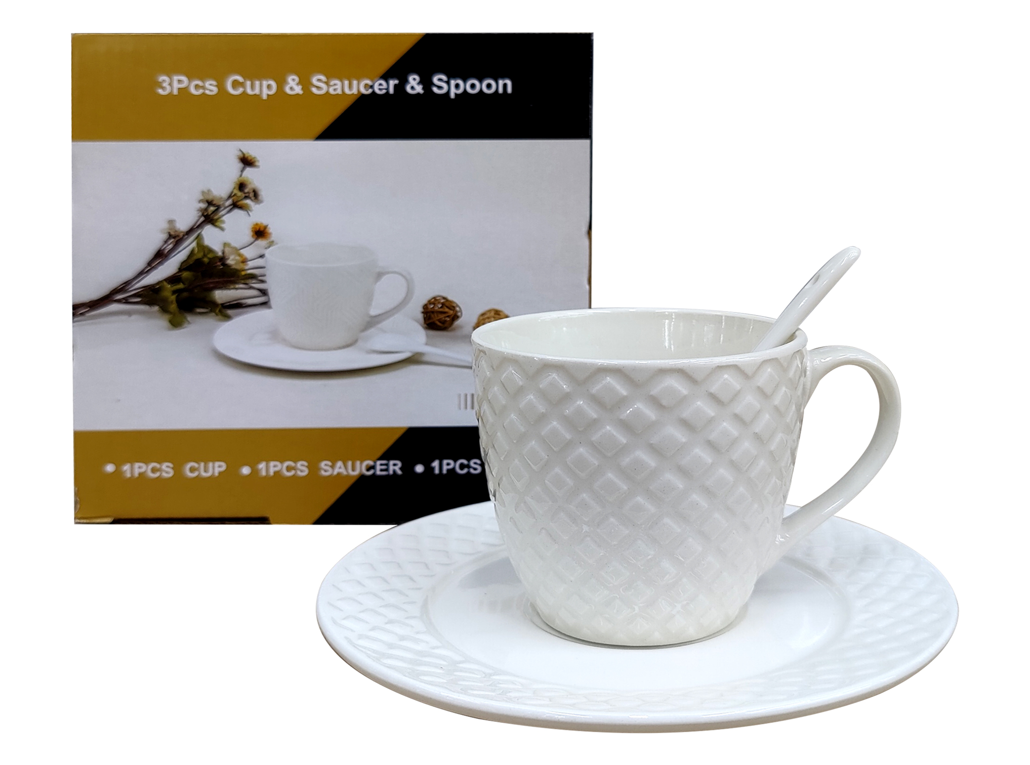 3-piece white ceramic cup, plate and spoon set, coffee cup with spoon, 03 pattern
