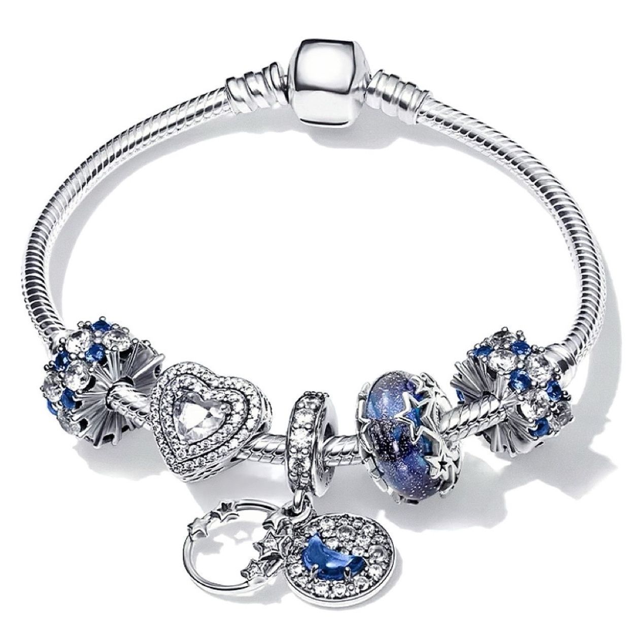 Pan S925 sterling silver bracelet, snake-bone chain, shining star river set, filled with diamond hand ornaments, pendant accessories, and beads detail image 5