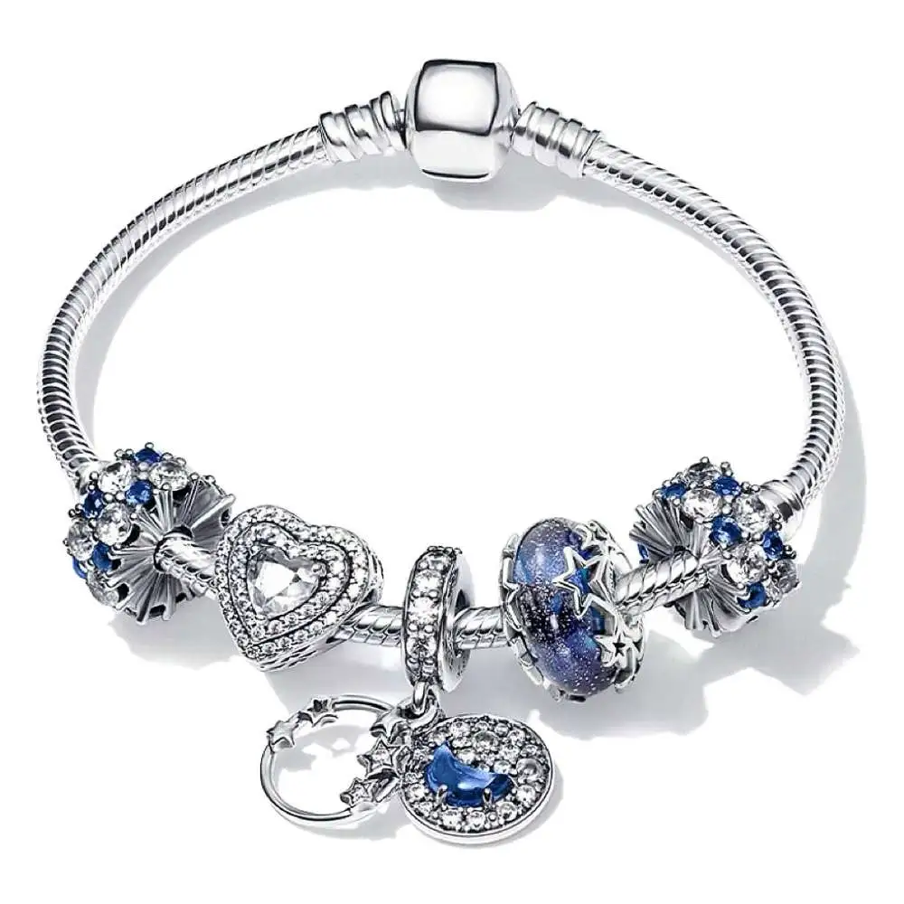 Pan S925 sterling silver bracelet, snake-bone chain, shining star river set, filled with diamond hand ornaments, pendant accessories, and beads detail image 7