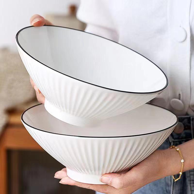 Black outlined Chinese-style household ceramic instant noodle bowl, high-legged bowl, and bamboo hat bowl pic 5