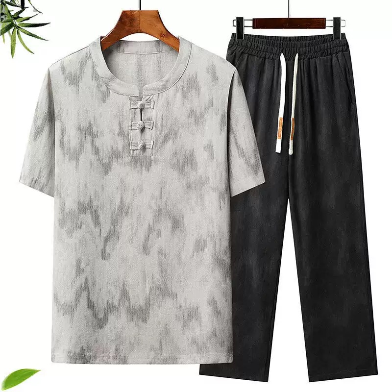 国潮中式刺绣短袖男夏季衣服国风新款2025新款新款套装