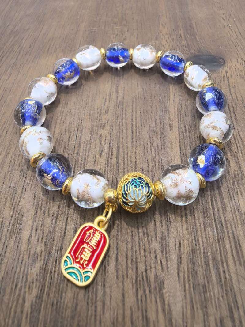 Gold foil and glass bracelets, pure copper combination bracelets, best-selling bracelets for wealth attraction, good fortune, career, health, peace and popularity at various scenic spots, pure copper enamel beads detail image 6