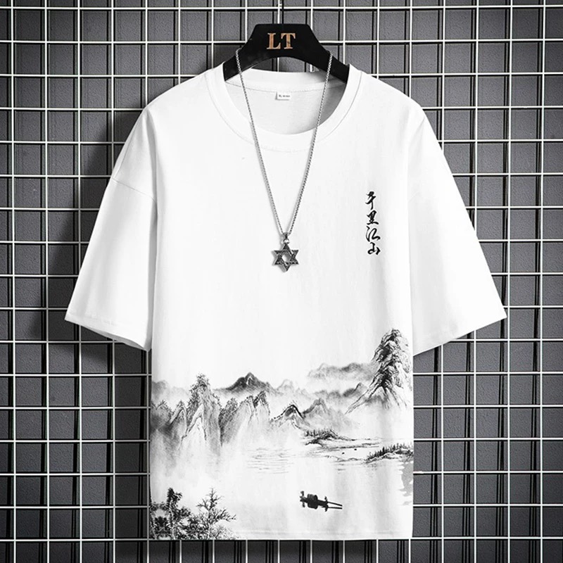 The latest pure cotton men's T-shirt for the summer of 2025 from the national trend is a trendy and stylish short-sleeved brand with stylish prints full figure