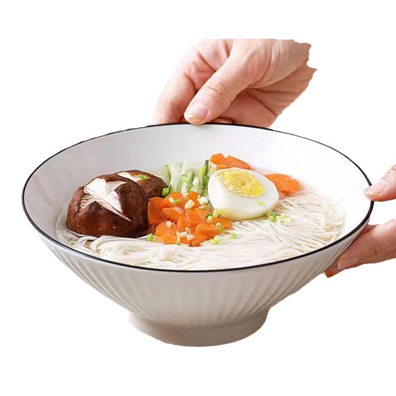 Black outlined Chinese-style household ceramic instant noodle bowl, high-legged bowl, and bamboo hat bowl details Picture