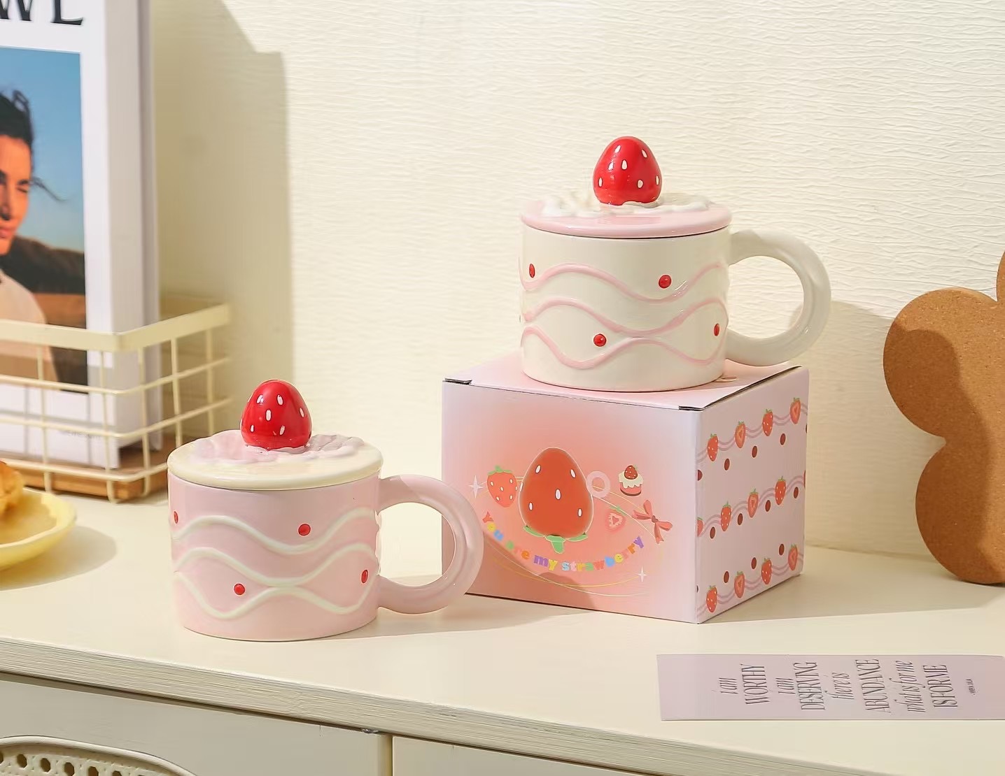 Cute bread bear ceramic water cup mug coffee cup with ceramic lid mug pic 3