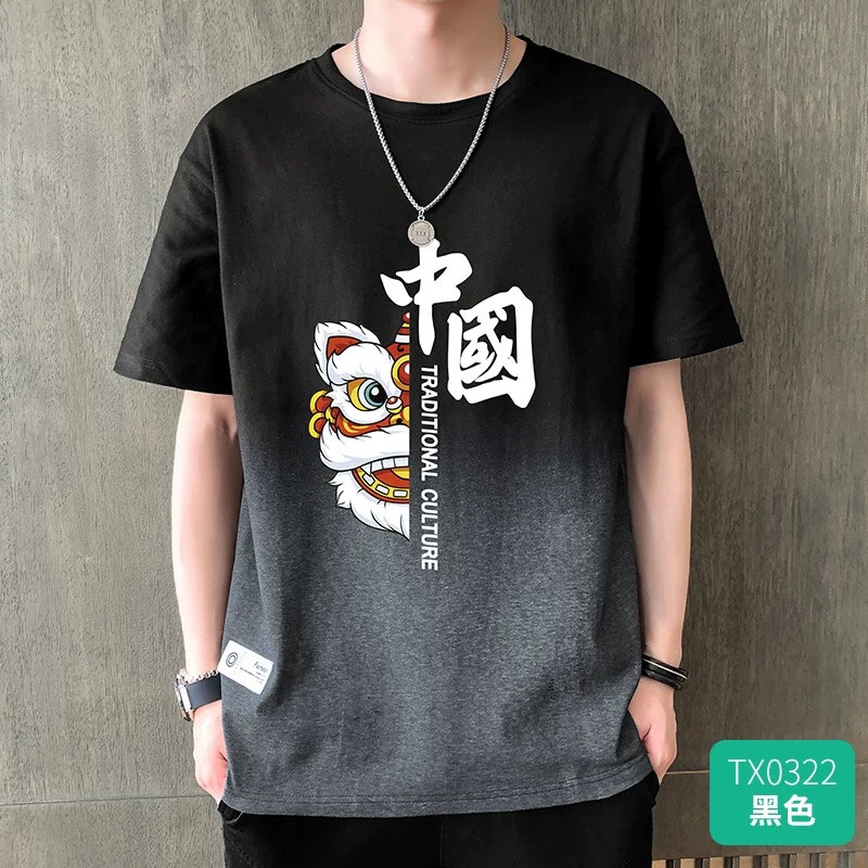 A new summer 2025 national trend lion dance round-neck short-sleeved T-shirt for men, a trendy ins personalized printed pure cotton base layer details Picture