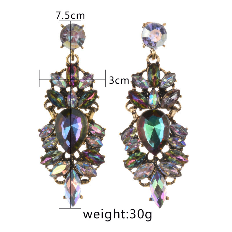 欧美时尚夸张耳饰复古合金潮流耳环几何镶钻长款耳钉白底实物图