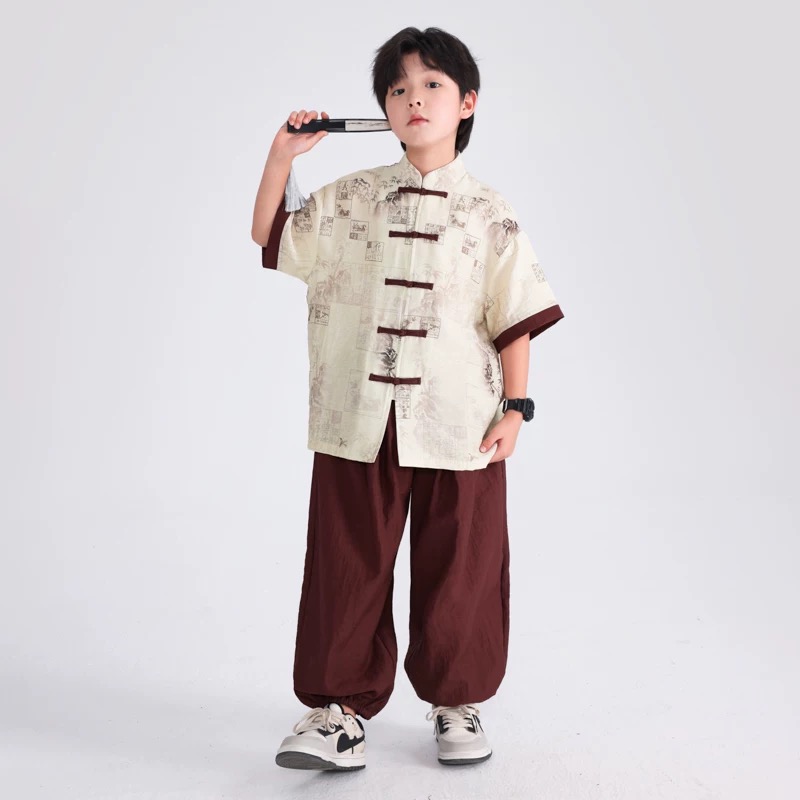 国潮男童夏季国风日常短袖汉服套装2025新款