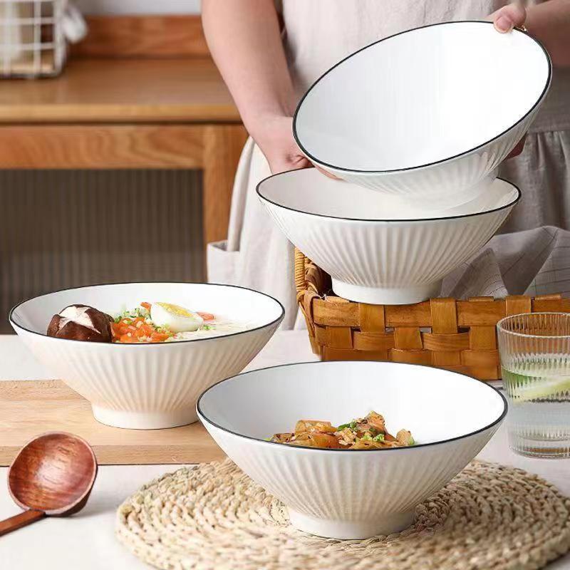 Black outlined Chinese-style household ceramic instant noodle bowl, high-legged bowl, and bamboo hat bowl pic 3