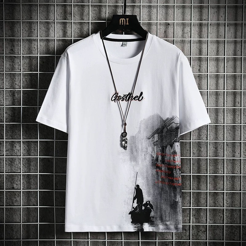 The latest pure cotton men's T-shirt for the summer of 2025 from the national trend is a trendy and stylish short-sleeved brand with stylish prints details Picture