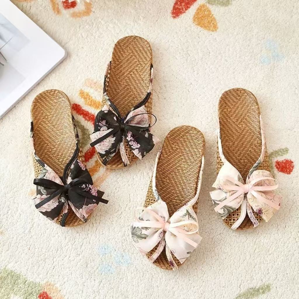 New national trend linen mesh breathable hollowed-out summer lace lazy flat flat outerwear bow headband women's slippers details Picture