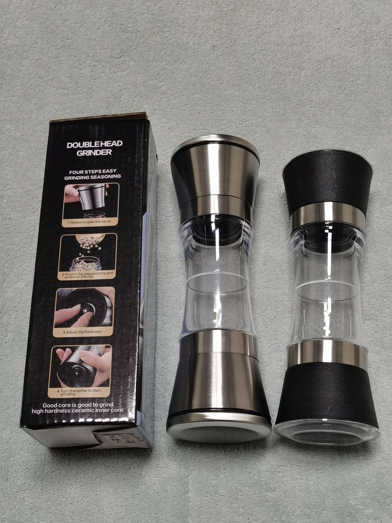 Pepper grinder, double-head manual sea salt and Sichuan pepper grain grinding bottle, black and white pepper powder magic tool, seasoning bottle and jar, freshly ground oil can, spray and pour integrated oil can, oil sprayer, massage, one-time quantitative oil suction bottle Specification drawing