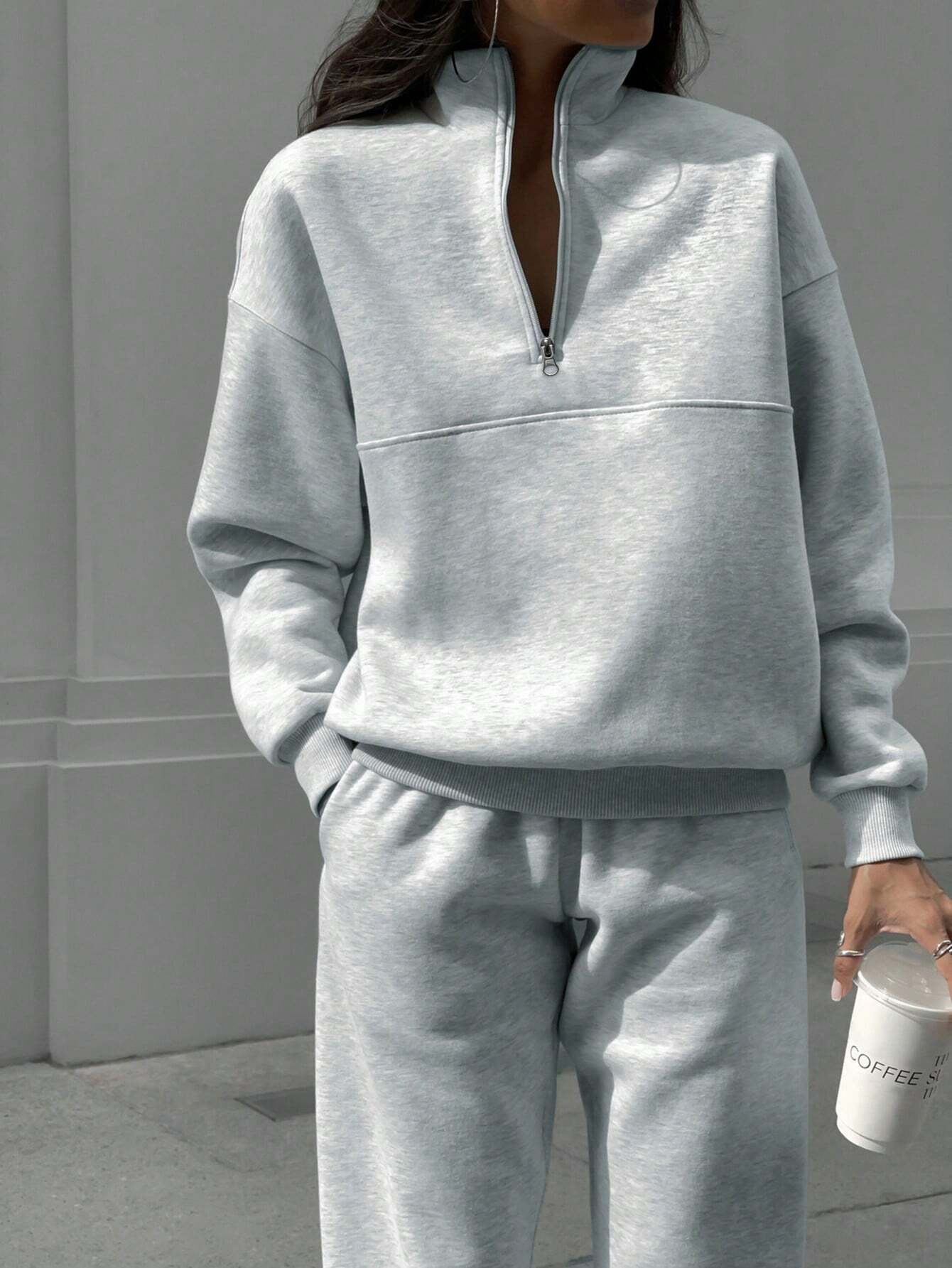 The 2025 autumn and winter Amazon cross-border new fashion lapel zipper solid-color casual two-piece set Specification drawing