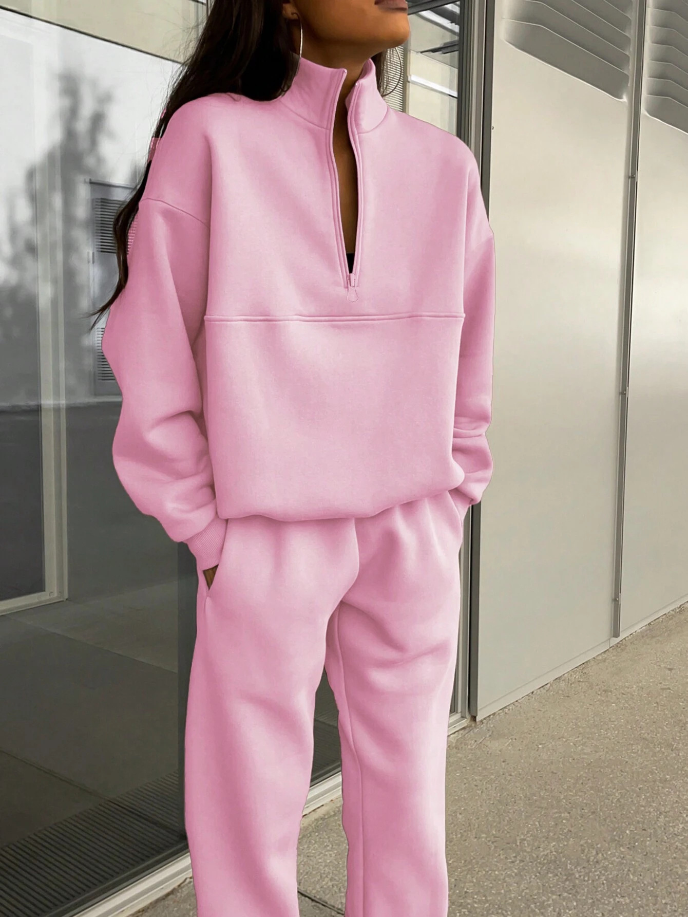 The 2025 autumn and winter Amazon cross-border new fashion lapel zipper solid-color casual two-piece set Item Picture