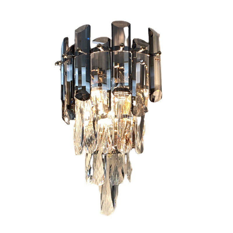Light luxury crystal wall lamp, smoke grey tone living room indoor TV background wall lamp, modern bedroom bedside lamp Specification image