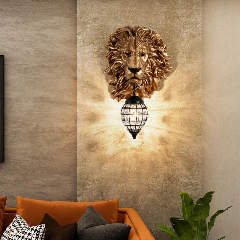Creative resin lion head wall lamps, grand European-style living room background wall, staircase corridor, hotel engineering, club decoration