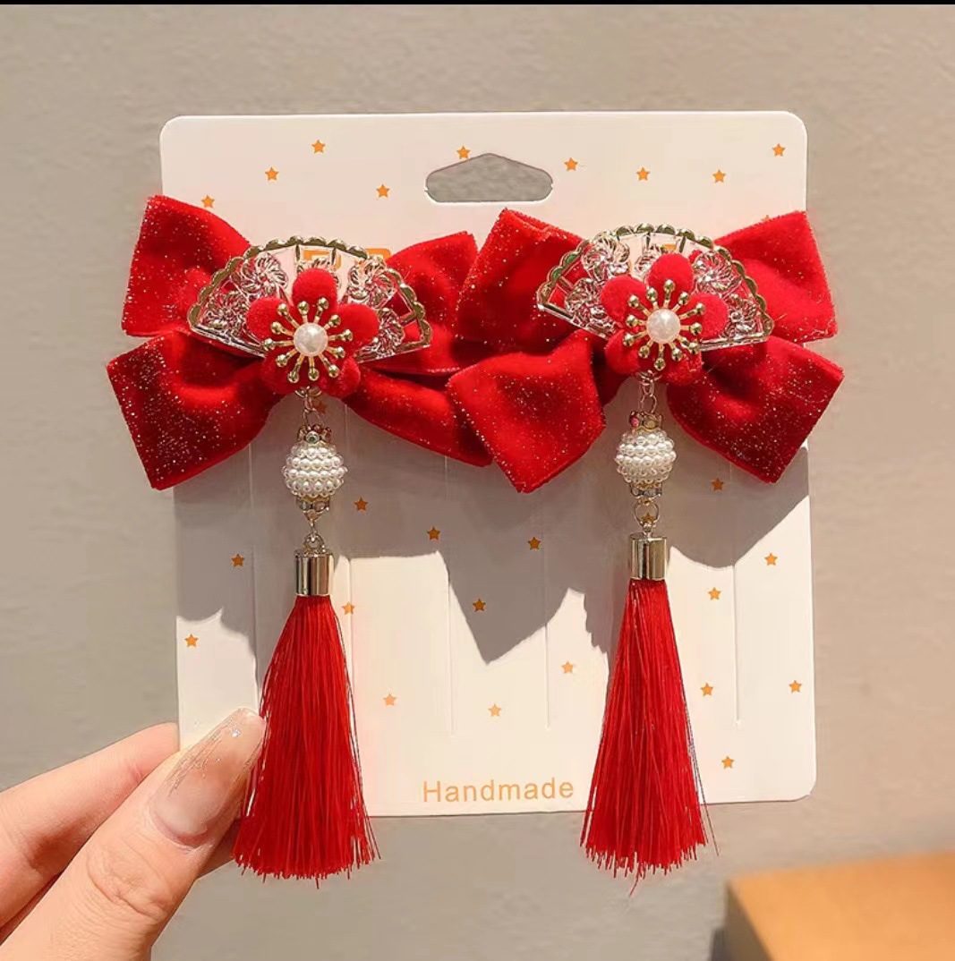Cute New Year's red hair accessories, Chinese-style headwear, bow tassels, hair clips, hairpin clips, Spring Festival headwear