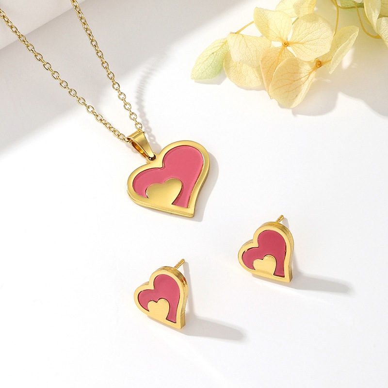 Heart-shaped necklace earrings, stainless steel export set, fashionable women's necklace wholesale set details Picture